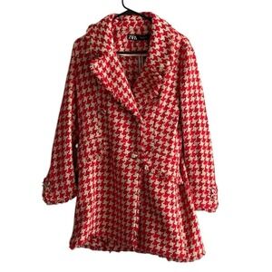 ZARA Houndstooth Textured Tweed Double Breasted Coat Jacket Frayed Trim Large